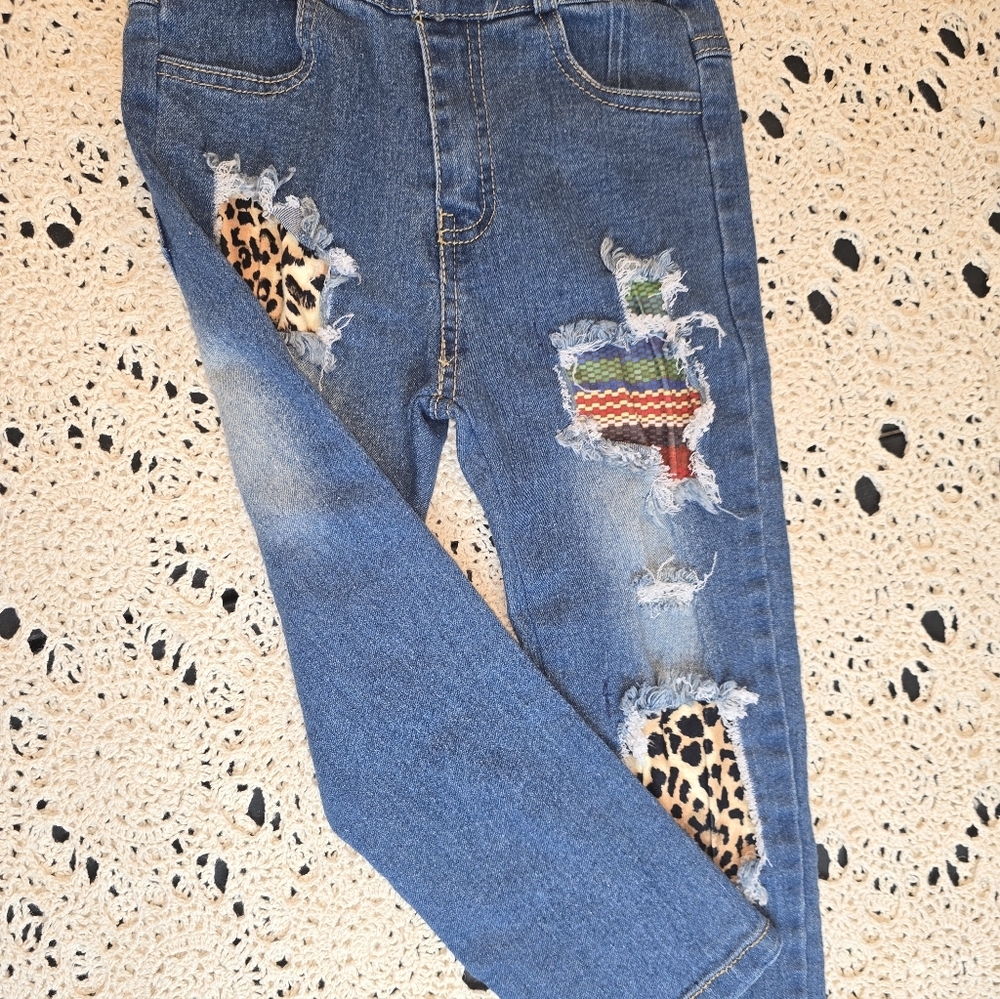 Leopard And Serape Distress Denim Girls Jeans, Stretch, Large - Picture 8 of 9